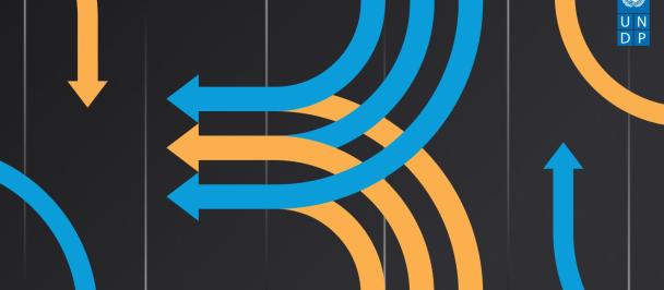 Graphic image with blue and orange arrows